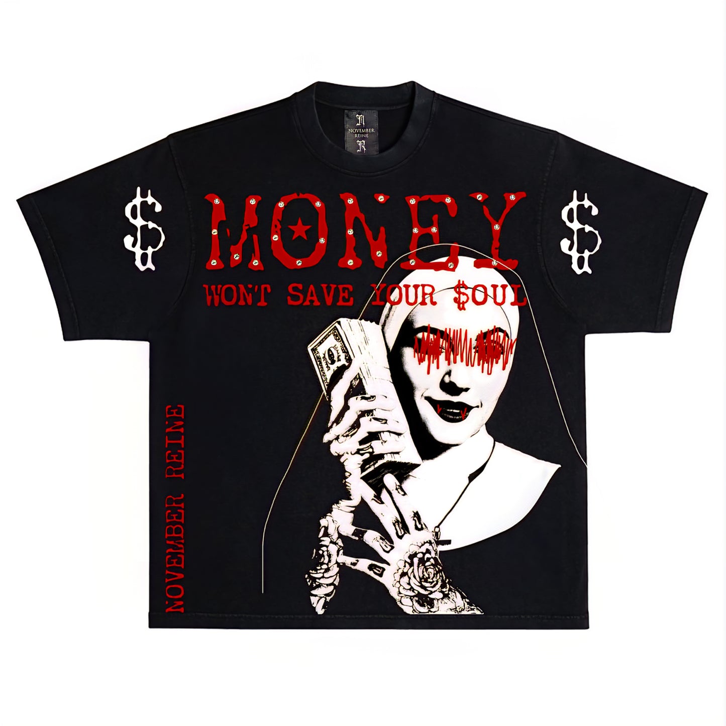 November Reine Money Won't Save You Luxury Heavyweight T-shirt With Rhinestones (Black)