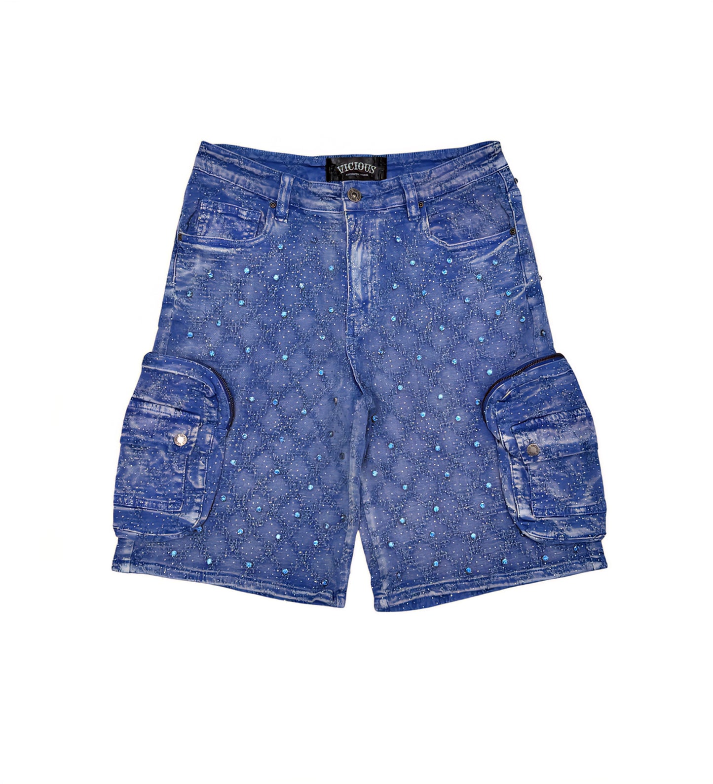Vicious Embellished Rhinestone Denim Shorts (Blue)