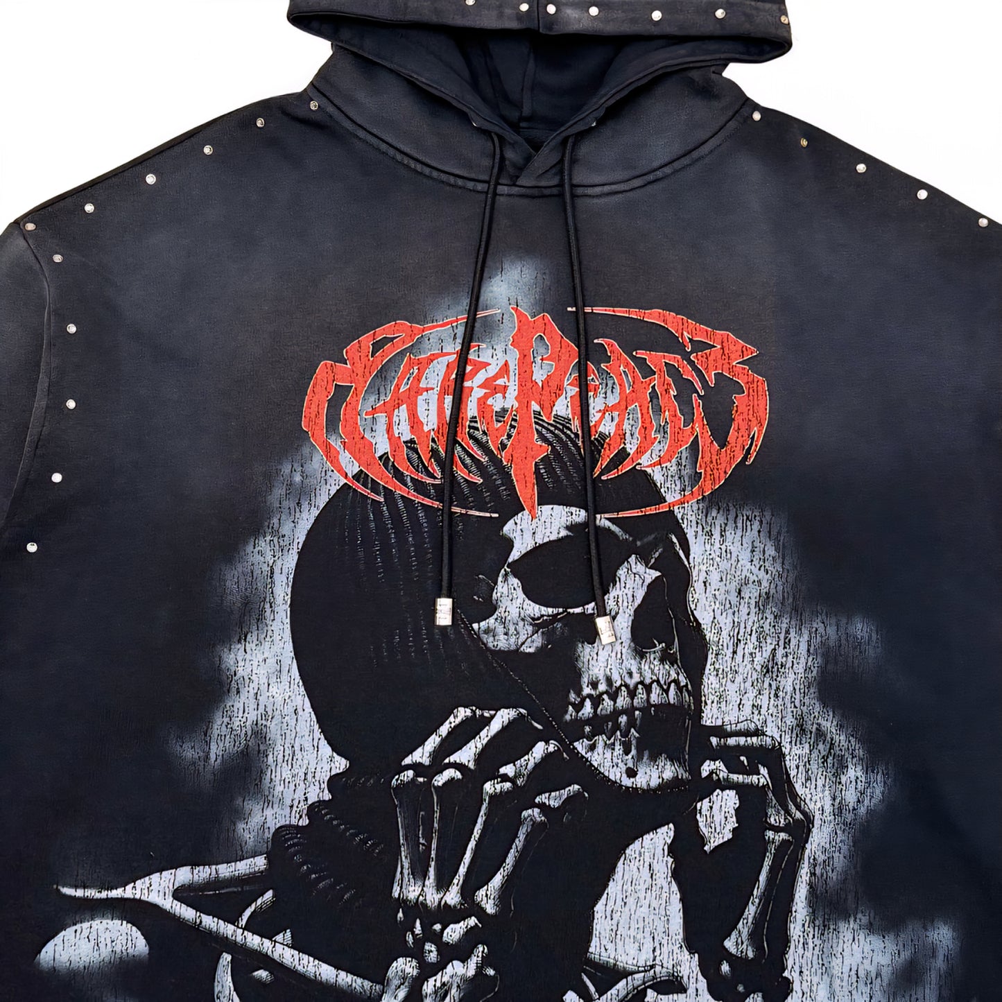 Rare Peace Bad Habits Washed F. Terry Cut Off Hoodie w/ Rhinestones
