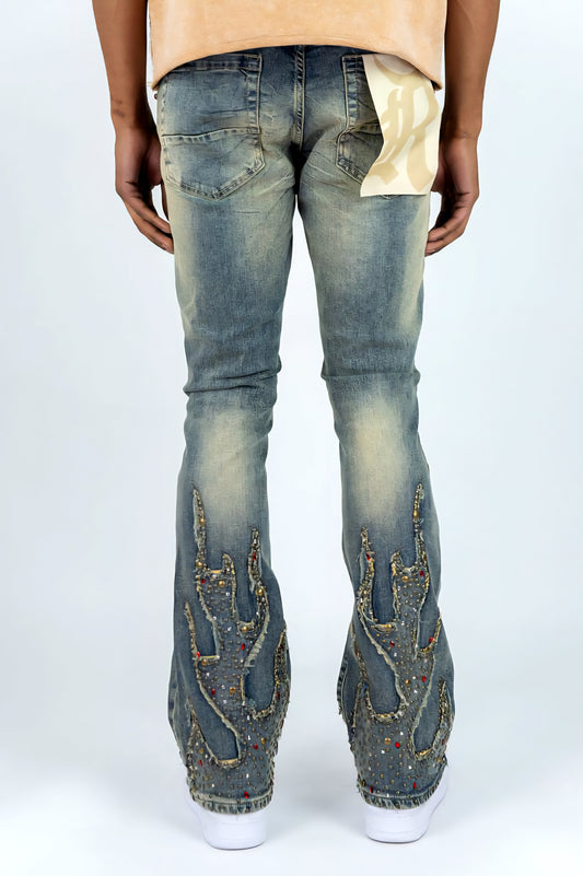 Rebel Denim Firefest Rhinestone Studded Stacked Denim