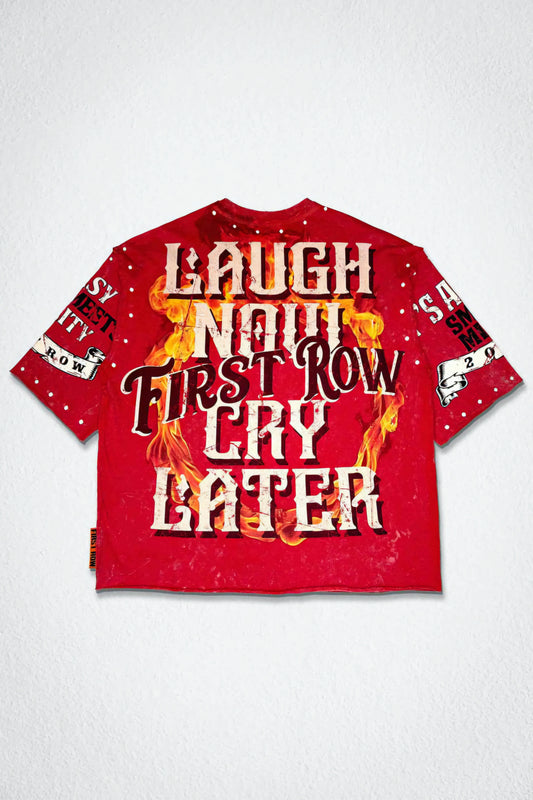 First row Laugh Now Cry Later Cropped Rhinestone T-shirt (Red)