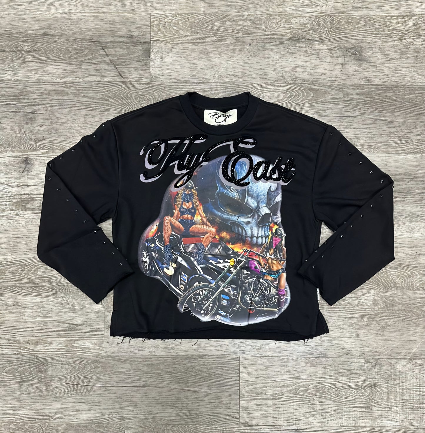 Black Keys Stay East Cropped Rhinestone Long Sleeve T-shirt