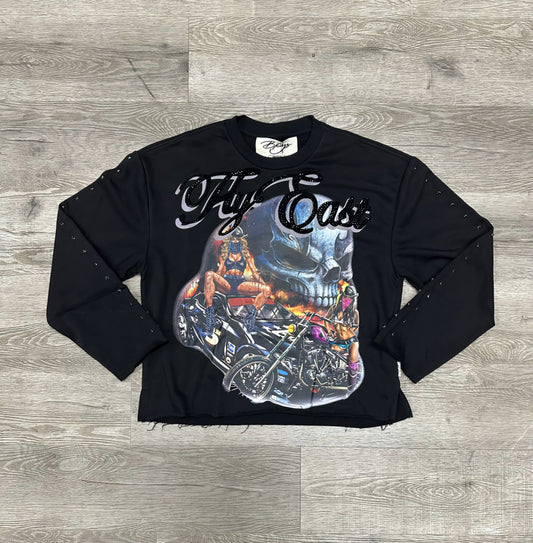 Black Keys Stay East Cropped Rhinestone Long Sleeve T-shirt