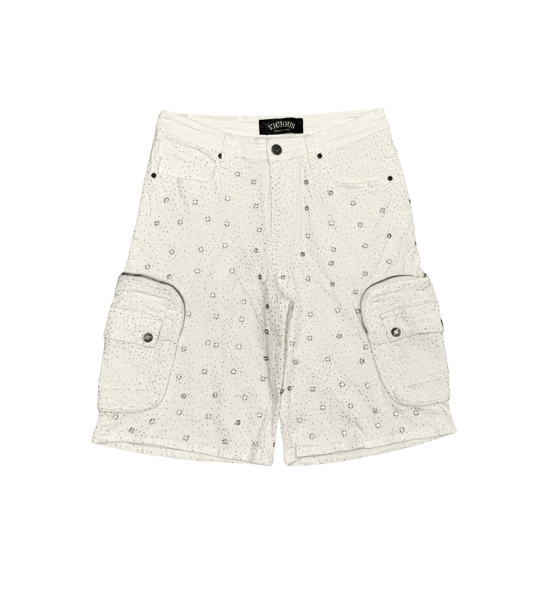 Vicious Embellished Rhinestone Denim Shorts (Off White)