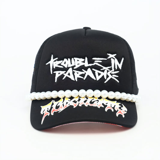 Toxicity Trouble In Paradise Rhinestone & Pearls Trucker Hat (Black)