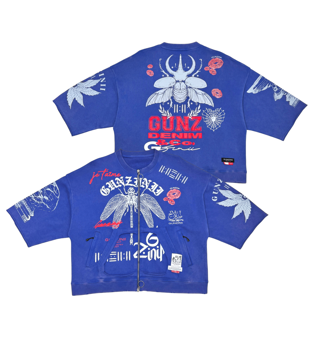 Gunzini Dragon Fly Full Zip Tshirt Cropped T-shirt (Blue)
