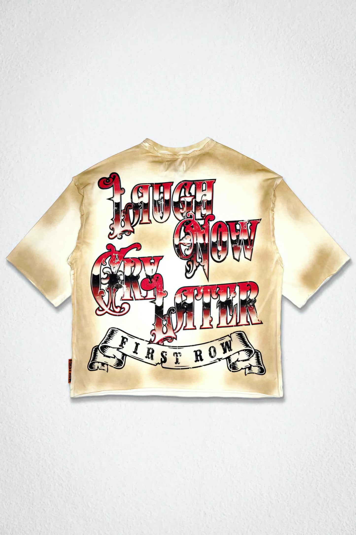 First row Laugh Now Cry Later Cropped Rhinestone T-shirt (Cream)