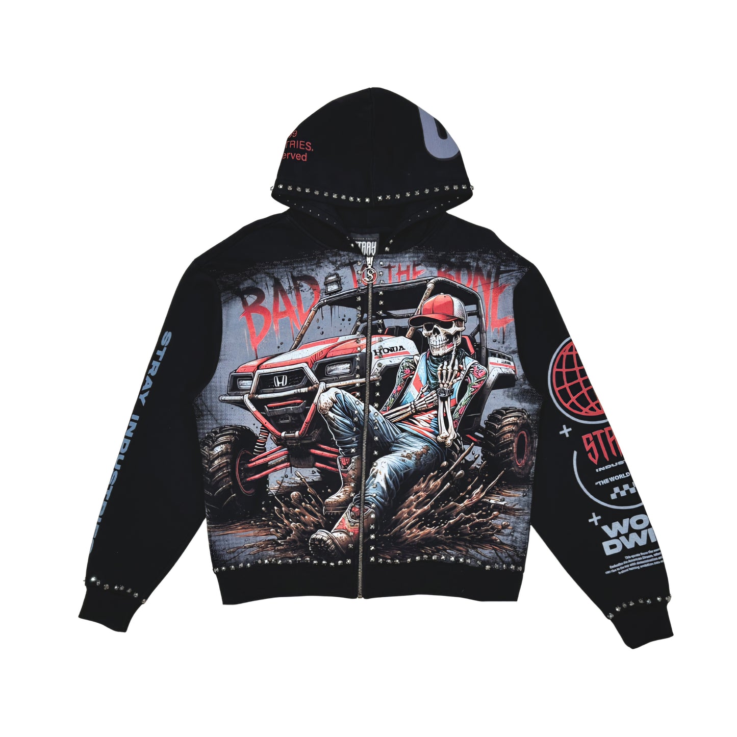 Stray Bad To The Bone Rhinestone Full Zip Premium Hoodie