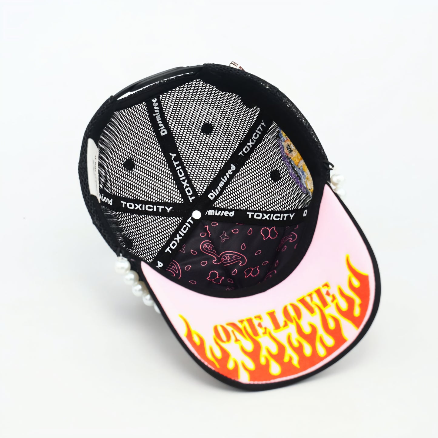 Toxicity Trouble In Paradise Rhinestone & Pearls Trucker Hat (Black)