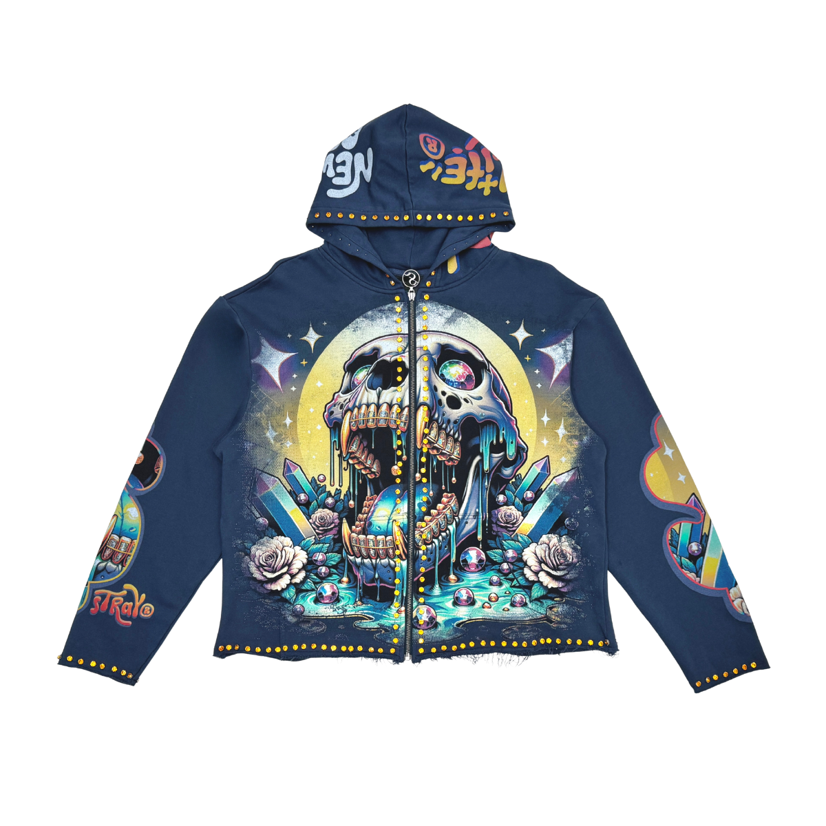 Stray Crystallized Rhinestone Full Zip Premium Cropped Hoodie (Blue)