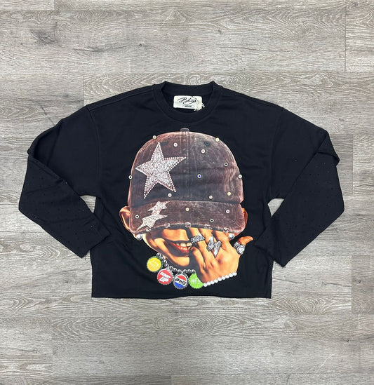 Black Keys Star Boy Layered Cropped Rhinestone T-shirt (Black)