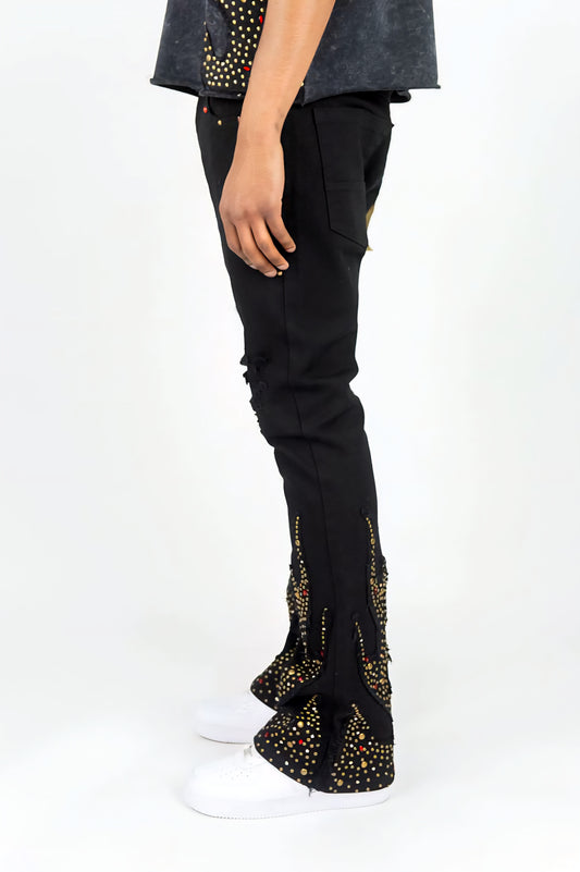 Rebel Denim Firefest Rhinestone Studded Stacked Denim (Black)