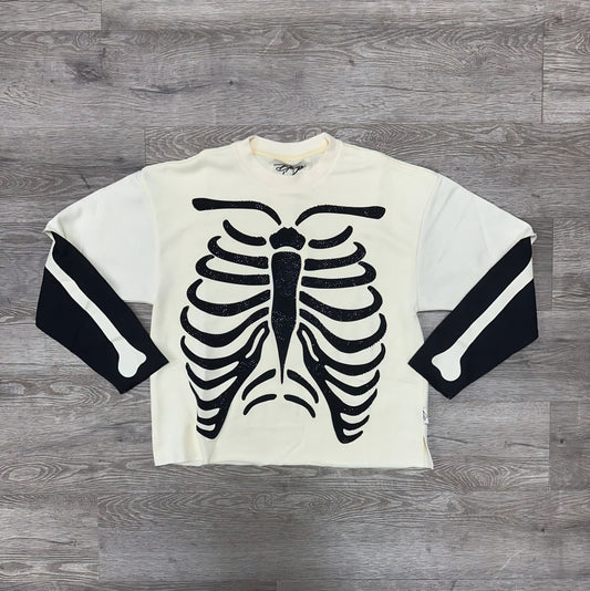 Black Keys Hurt Bones Layered Cropped Rhinestone T-shirt (Off White)
