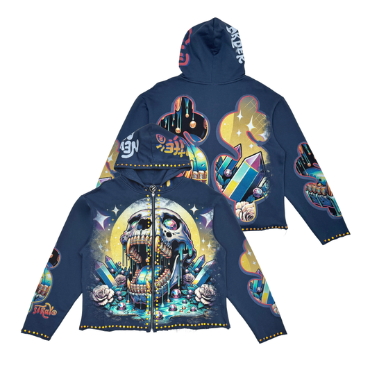 Stray Crystallized Rhinestone Full Zip Premium Cropped Hoodie (Blue)