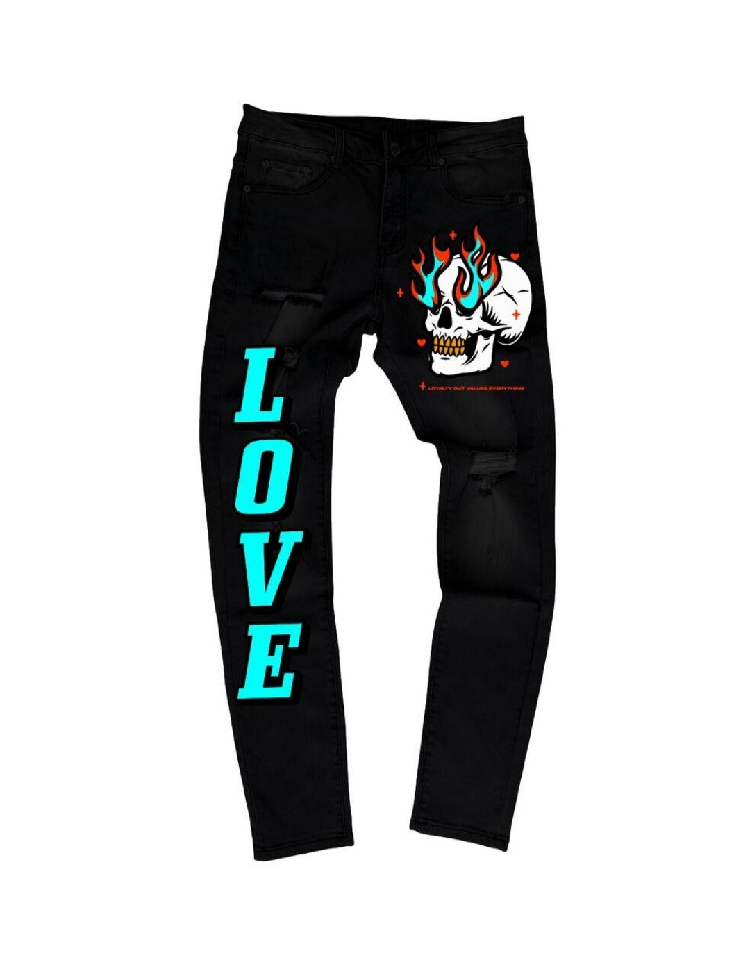 L.O.V.E. Flaming Skull Eyes Denim