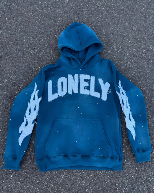 Lonely Hearts Club Distressed Rhinestone Hoodie (Blue)