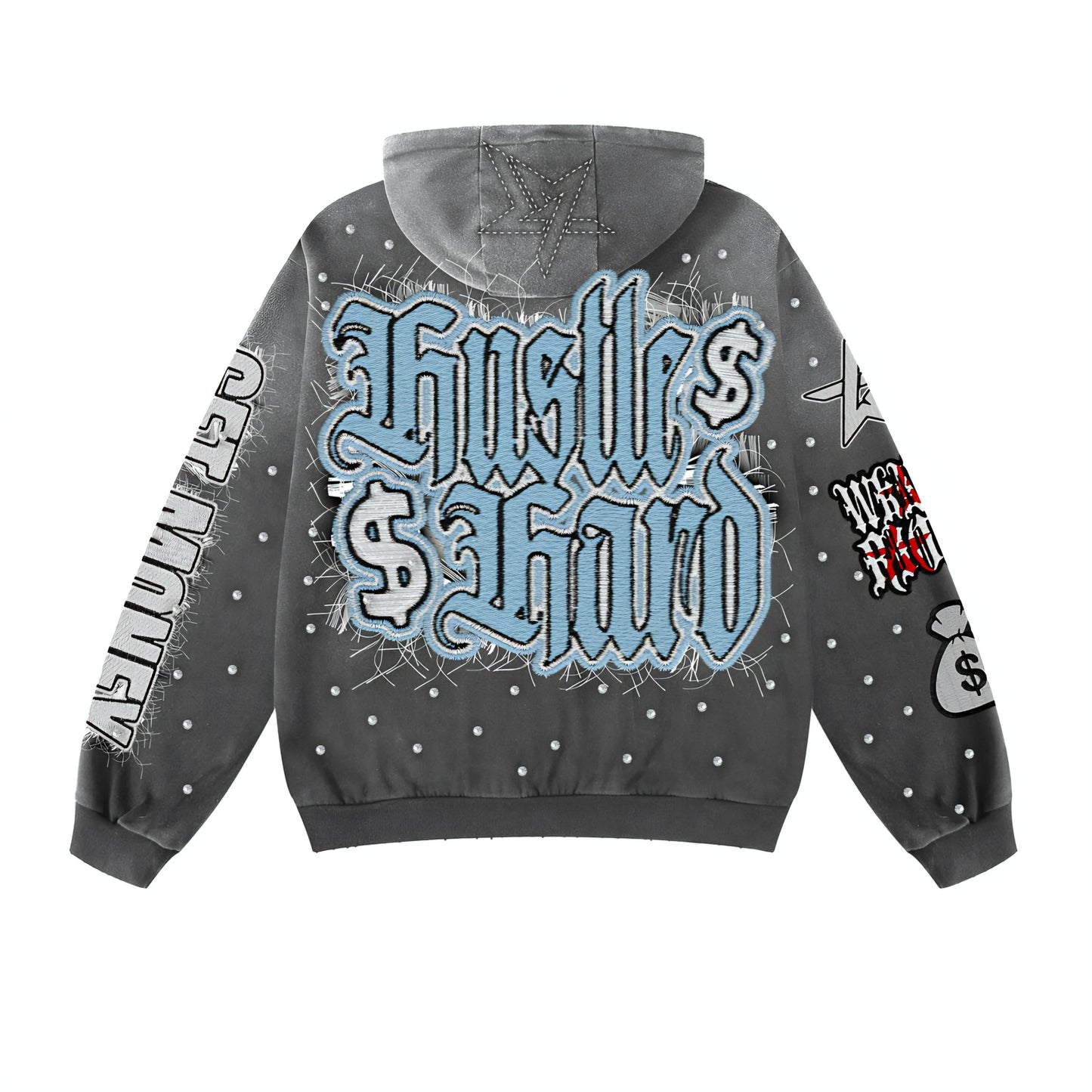 Wknd Riot Hustle Hard Patches & Rhinestone Hoodie