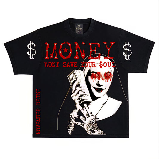 November Reine Money Won't Save You Luxury Heavyweight T-shirt With Rhinestones (Black)