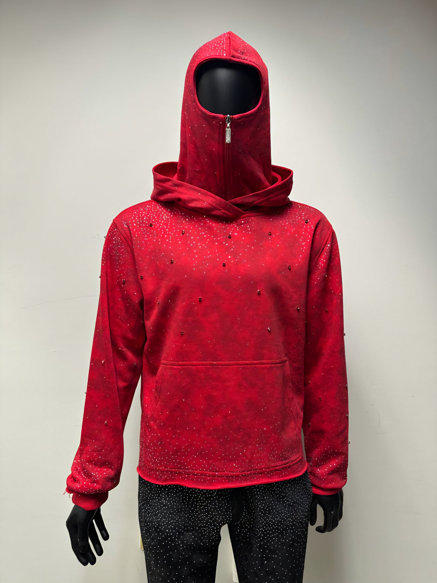 BKYS VVS Flooded Rhinestone Hoodie With Ski Mask Attached (Red)