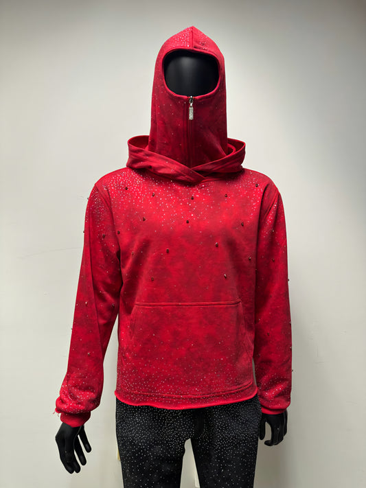 BKYS VVS Flooded Rhinestone Hoodie With Ski Mask Attached (Red)
