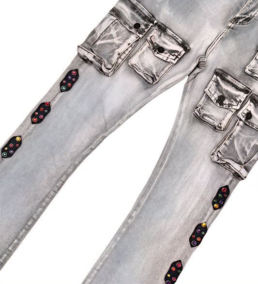 Gunzinii Rhinestone Studded Stacked Denim (Gray)
