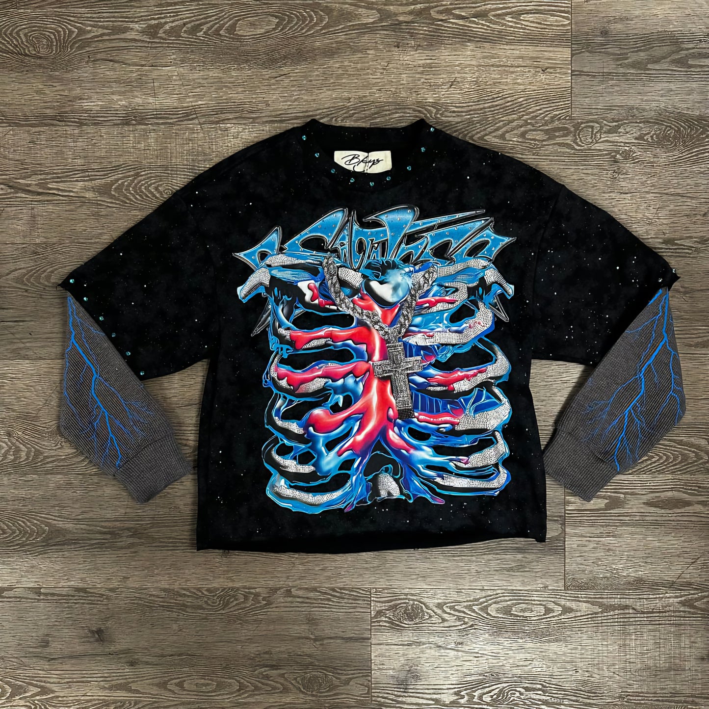 BKYS See Through Me Rhinestone Cropped Long Sleeve Twofer T-shirt (Black)