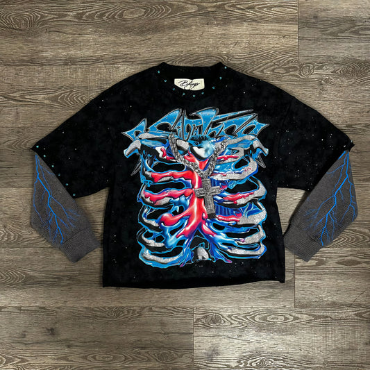 BKYS See Through Me Rhinestone Cropped Long Sleeve Twofer T-shirt (Black)