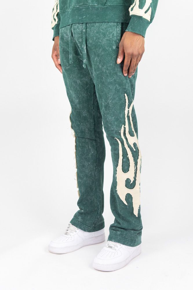 Rebel Minds Flames Acid Wash Stacked Sweatpants (Green)