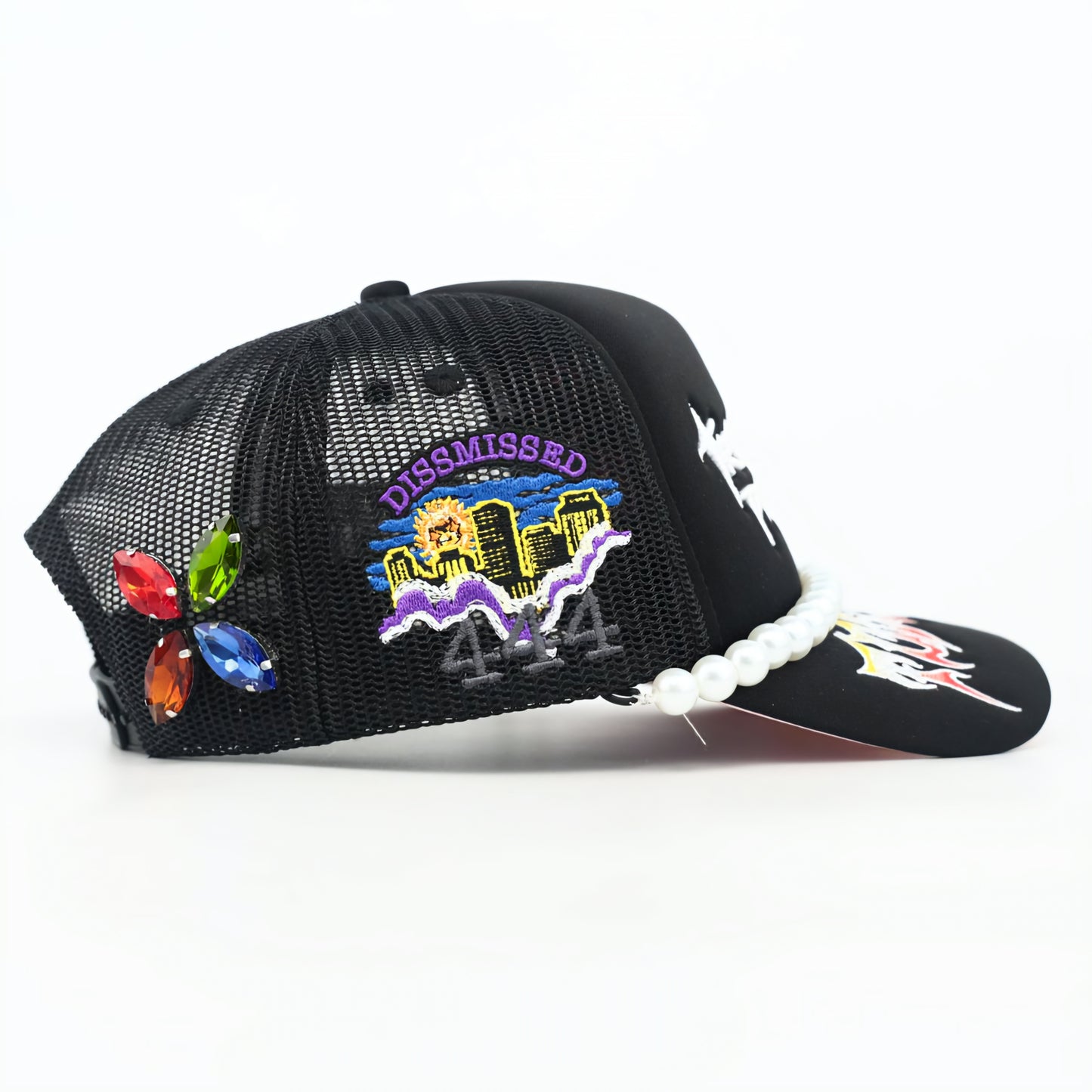 Toxicity Trouble In Paradise Rhinestone & Pearls Trucker Hat (Black)