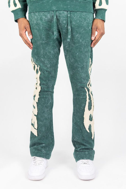 Rebel Minds Flames Acid Wash Stacked Sweatpants (Green)
