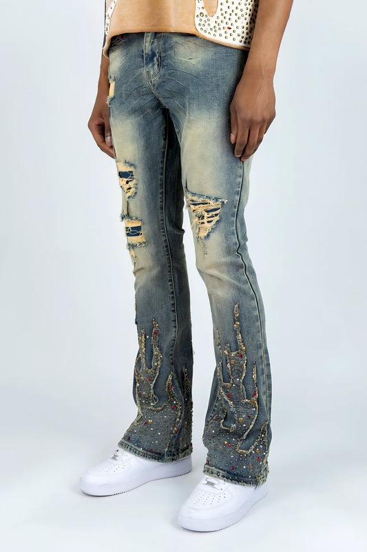Rebel Denim Firefest Rhinestone Studded Stacked Denim