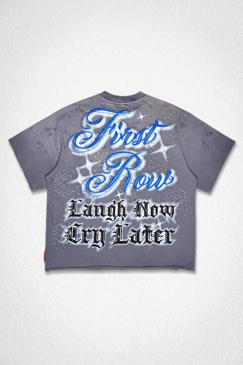 First row Laugh Now Cry Later Cropped Rhinestone T-shirt (Blue)