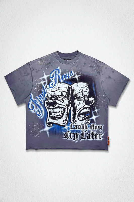 First row Laugh Now Cry Later Cropped Rhinestone T-shirt (Blue)