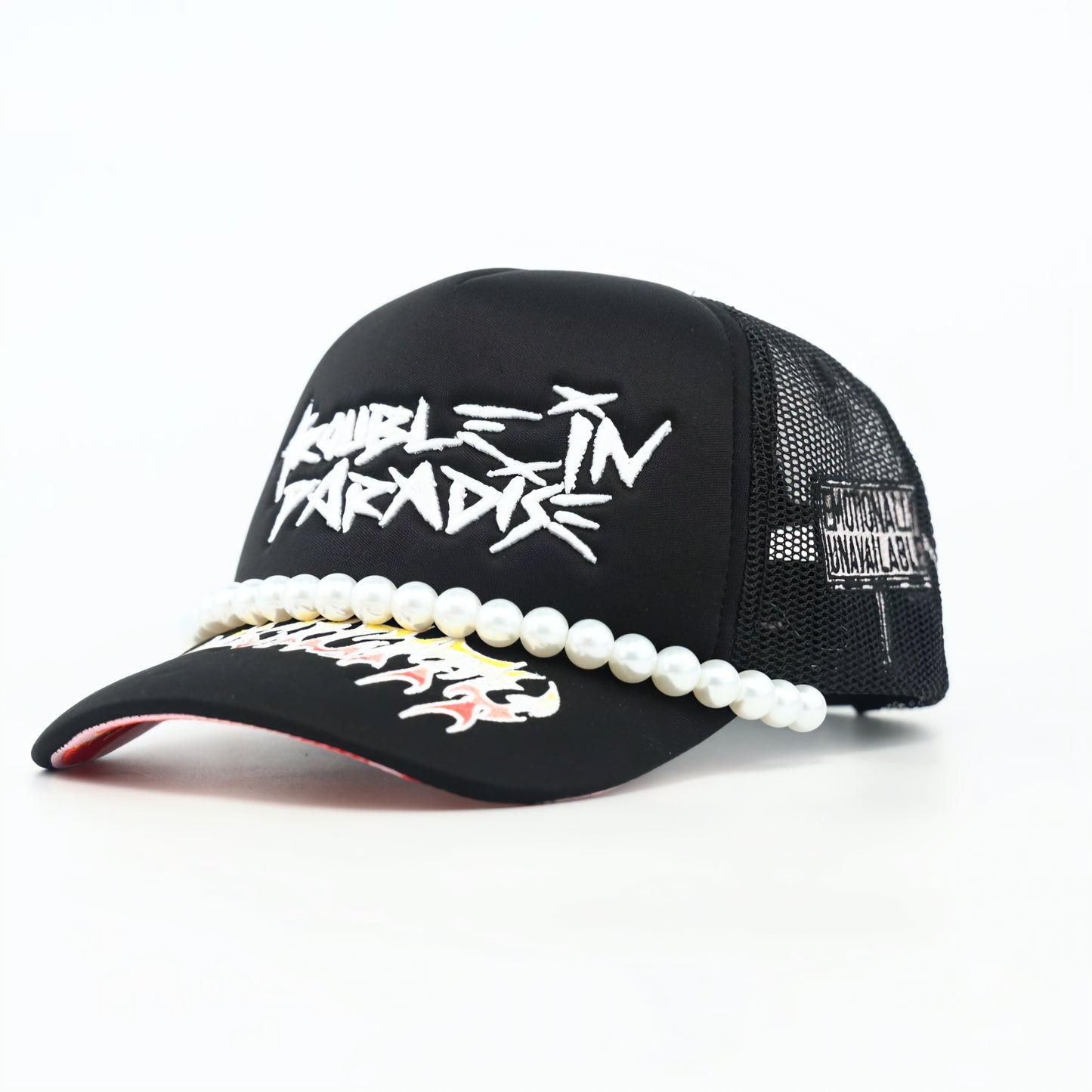 Toxicity Trouble In Paradise Rhinestone & Pearls Trucker Hat (Black)