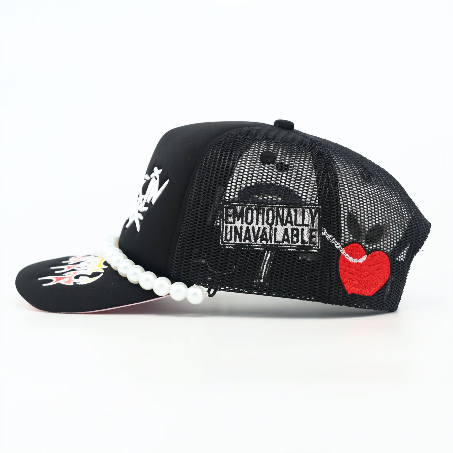 Toxicity Trouble In Paradise Rhinestone & Pearls Trucker Hat (Black)