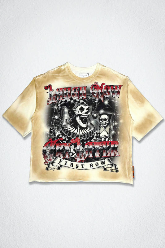 First row Laugh Now Cry Later Cropped Rhinestone T-shirt (Cream)