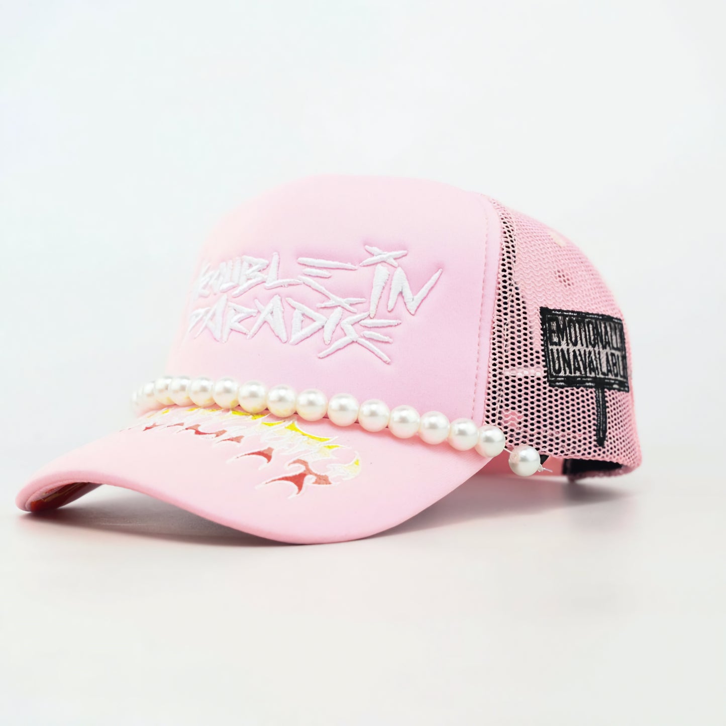 Toxicity Trouble In Paradise Rhinestone & Pearls Trucker Hat