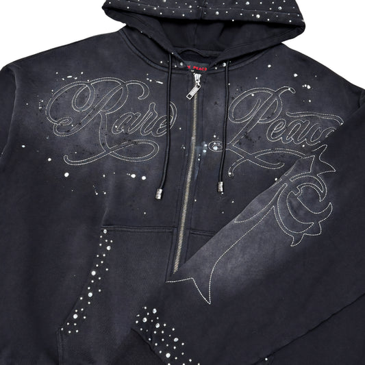 Rare Peace Washed & Embossed Zip Hoodie w/ Paint & Rhinestone Details