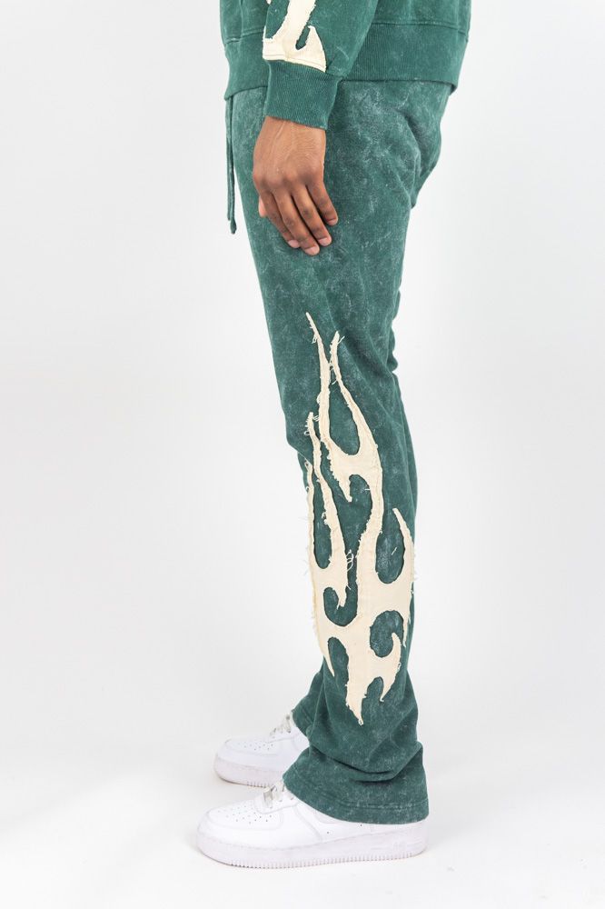 Rebel Minds Flames Acid Wash Stacked Sweatpants (Green)