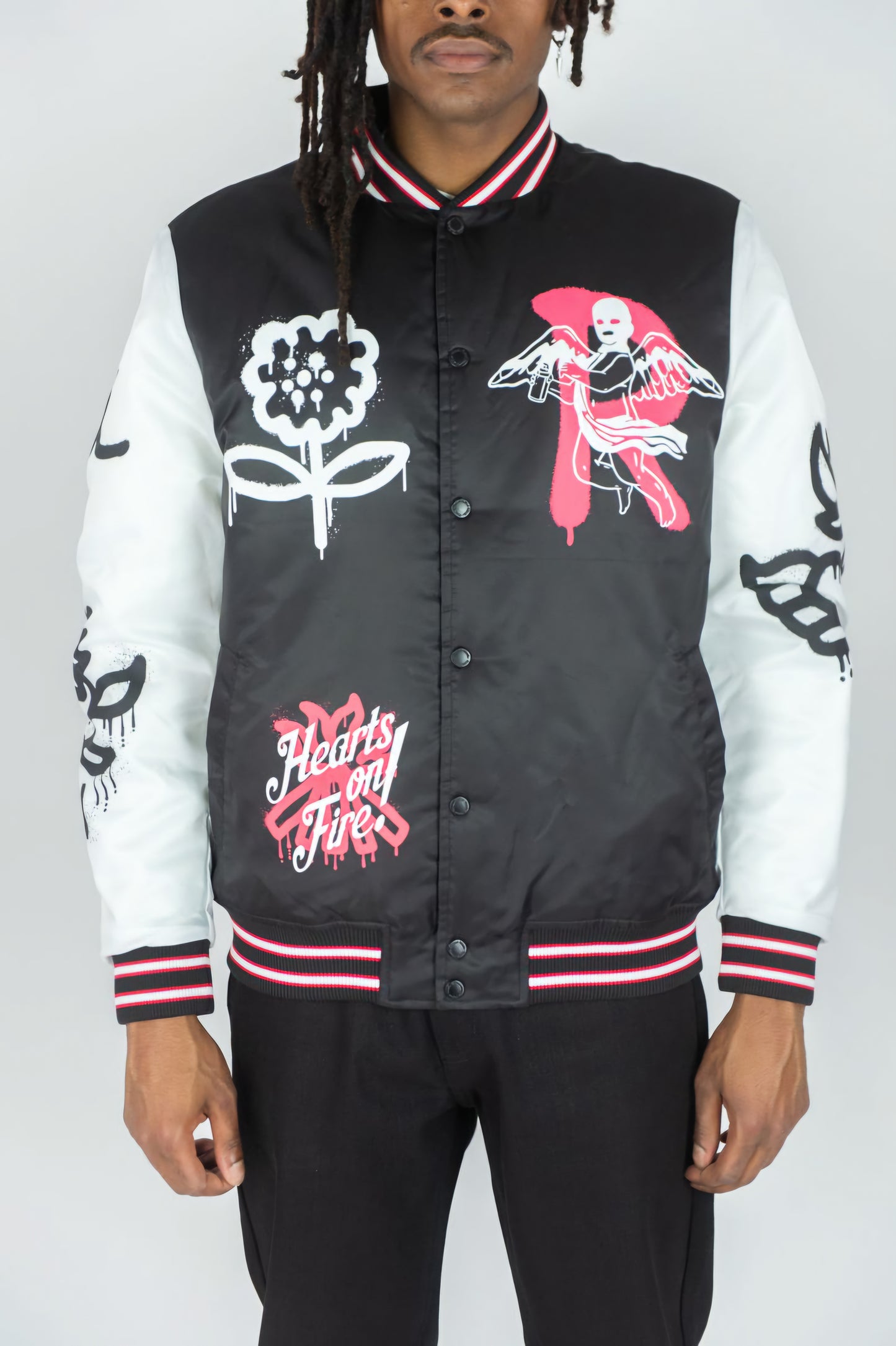 Rebel Minds Hearts On Fire Varsity Jacket (Black)