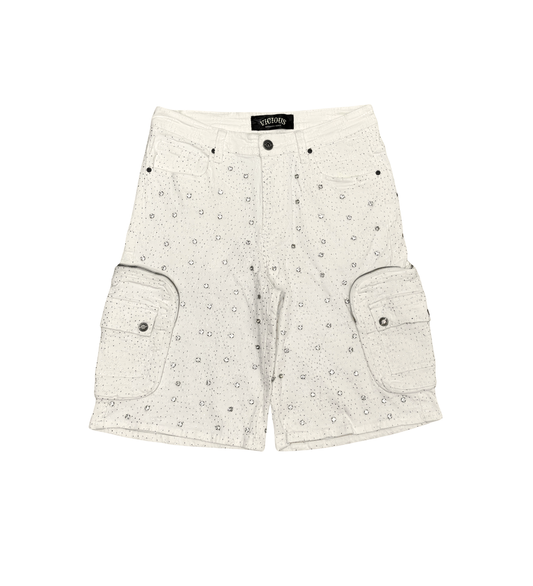Vicious Embellished Rhinestone Denim Shorts (Off White)