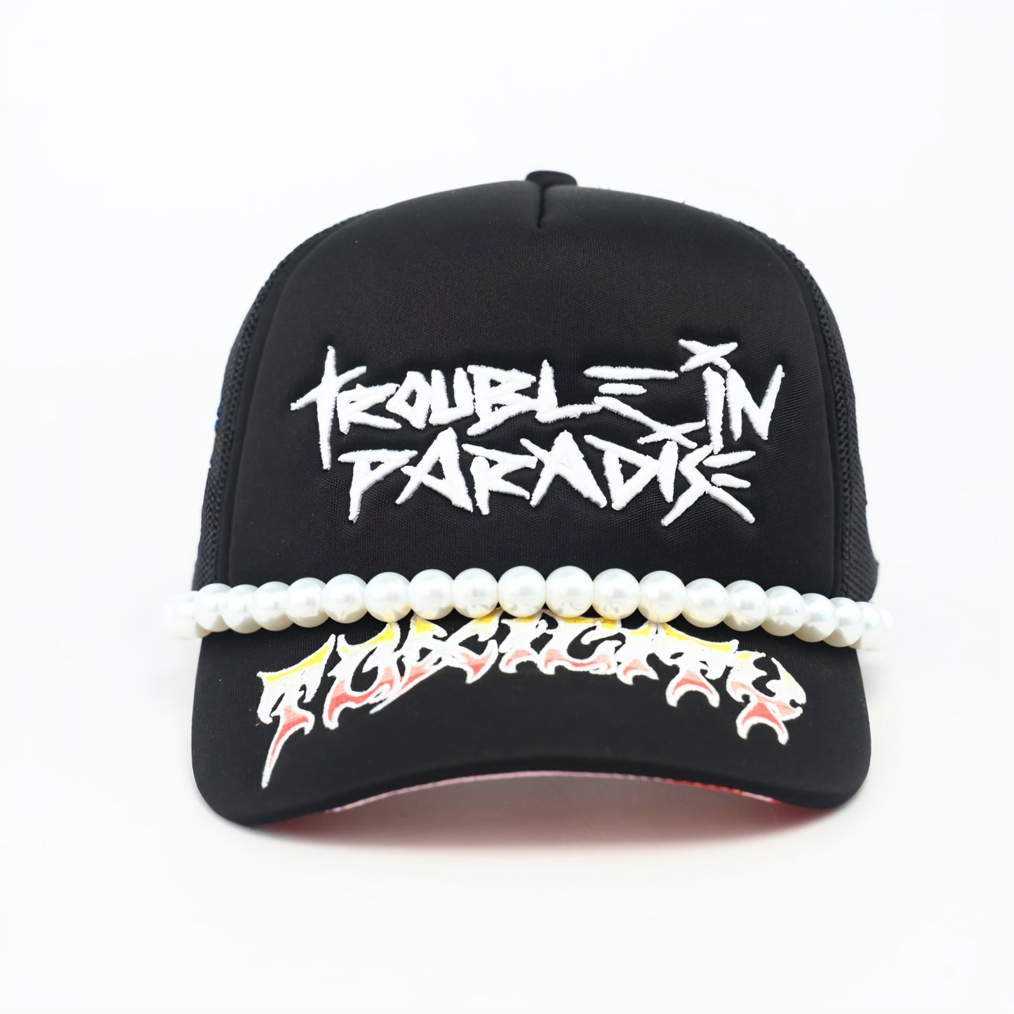 Toxicity Trouble In Paradise Rhinestone & Pearls Trucker Hat (Black)