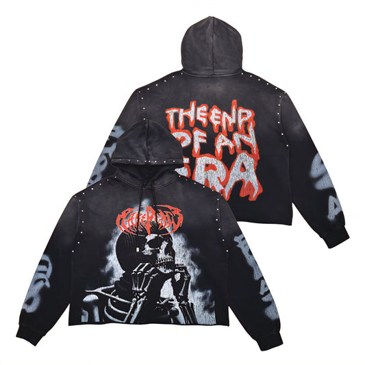 Rare Peace Bad Habits Washed F. Terry Cut Off Hoodie w/ Rhinestones