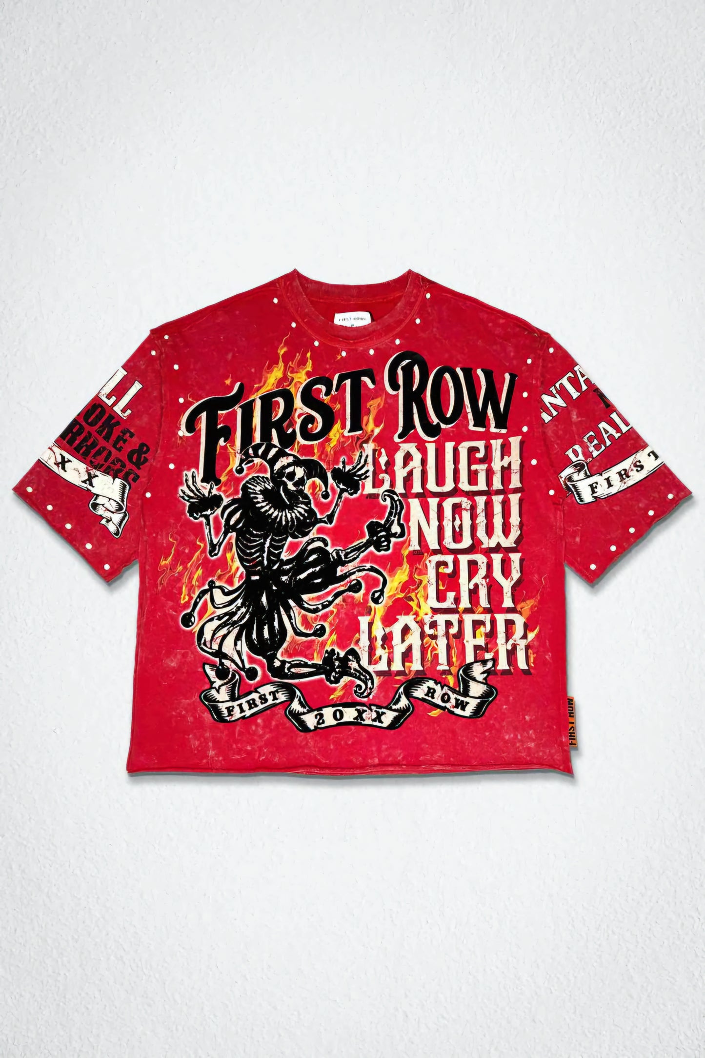 First row Laugh Now Cry Later Cropped Rhinestone T-shirt (Red)