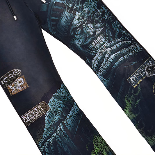 Rare Peace The City Is Mine Washed F. Terry Stacked Jogger w/ Rhinestone Details