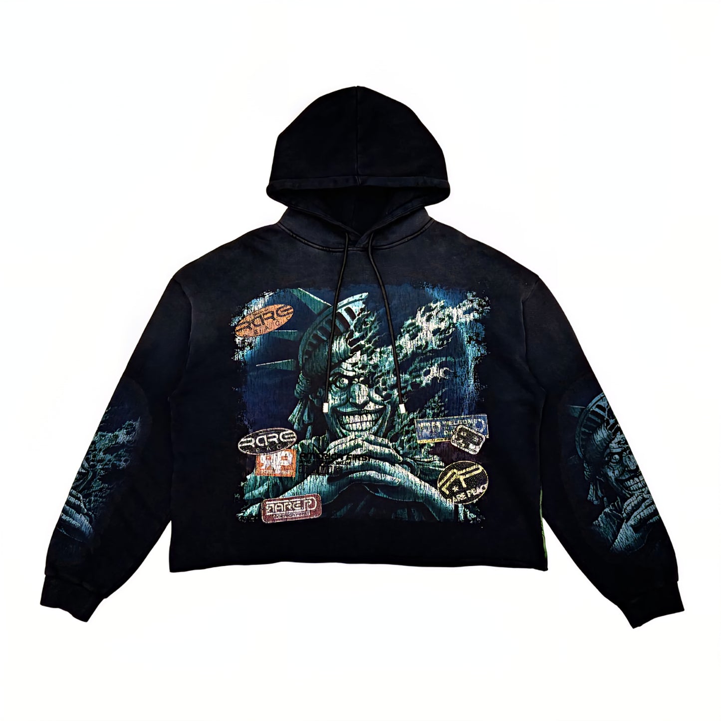 Rare Peace The City Is Mine Washed F. Terry Cut Off Hoodie w/ Rhinestone Details