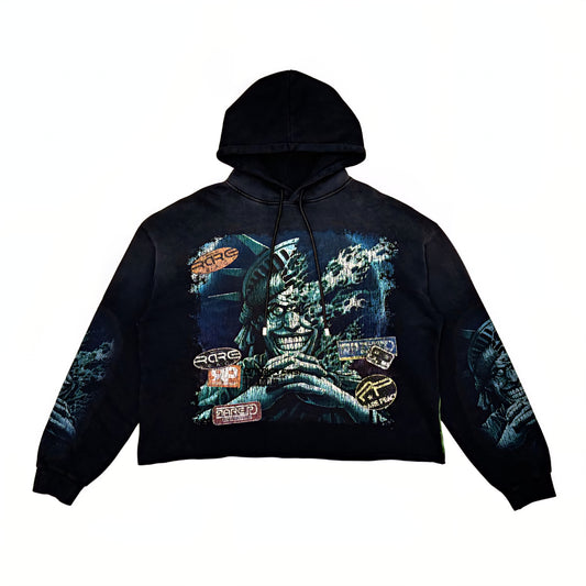 Rare Peace The City Is Mine Washed F. Terry Cut Off Hoodie w/ Rhinestone Details
