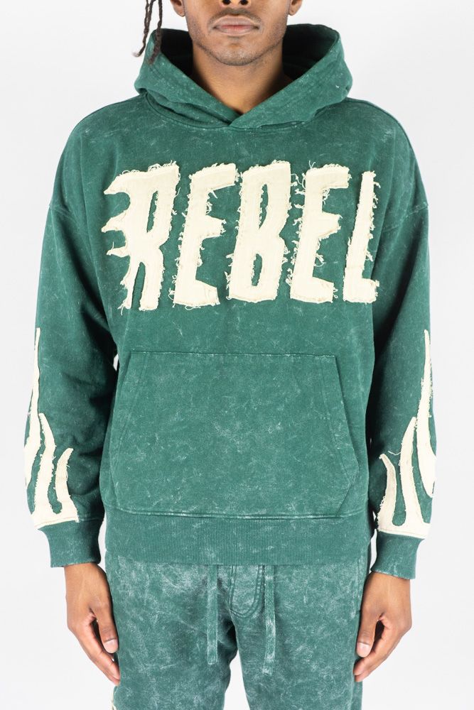 Rebel Minds Flames Acid Wash Hoodie (Green)