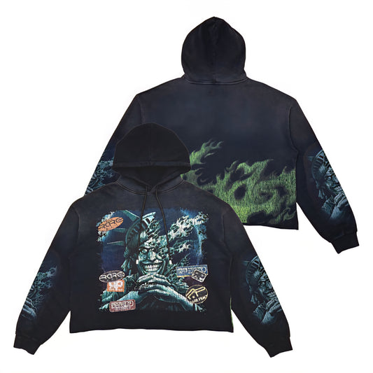 Rare Peace The City Is Mine Washed F. Terry Cut Off Hoodie w/ Rhinestone Details