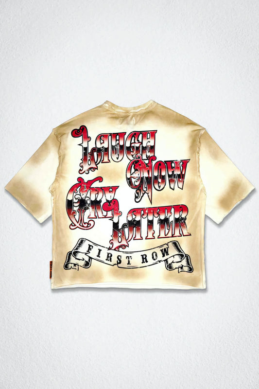 First row Laugh Now Cry Later Cropped Rhinestone T-shirt (Cream)